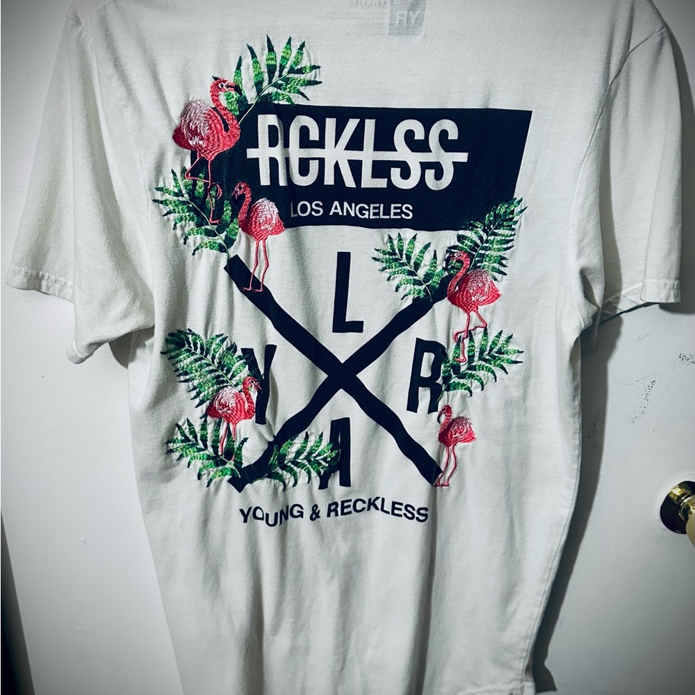 Young & Reckless White Tee with Pink Flamingo and Green Leaf Graphic